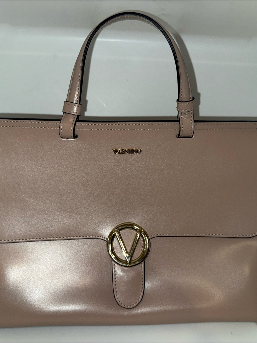 Valentino by Mario Valentino Beige Satchel Top Handle Bag with Logo Accent